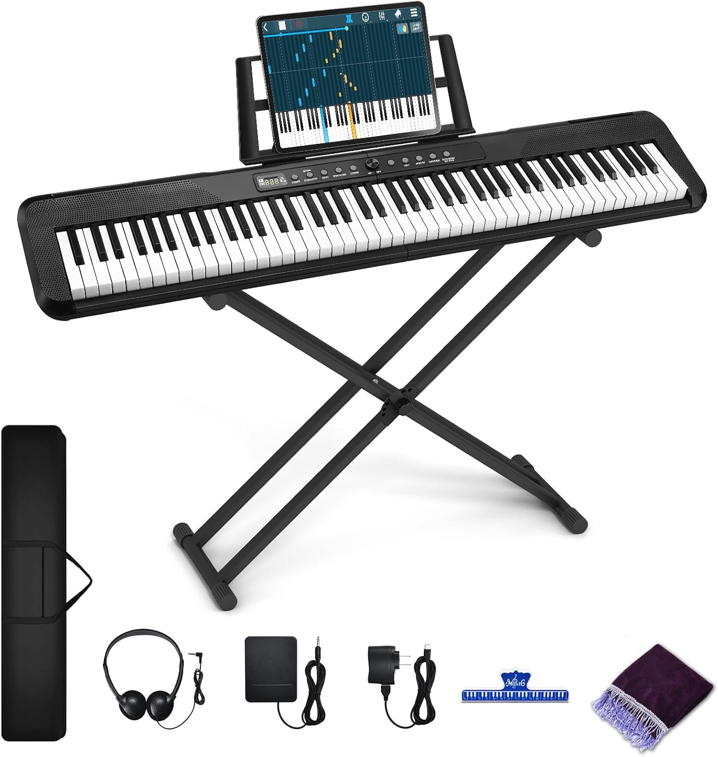 Donner Piano Keyboard 88 Keys, Beginner Digital Piano Velocity-Sensitive Keys, Portable Electric Piano with Stand, Sustain Pedal, Carrying Case and Keyboard Stickers, DEP-1
