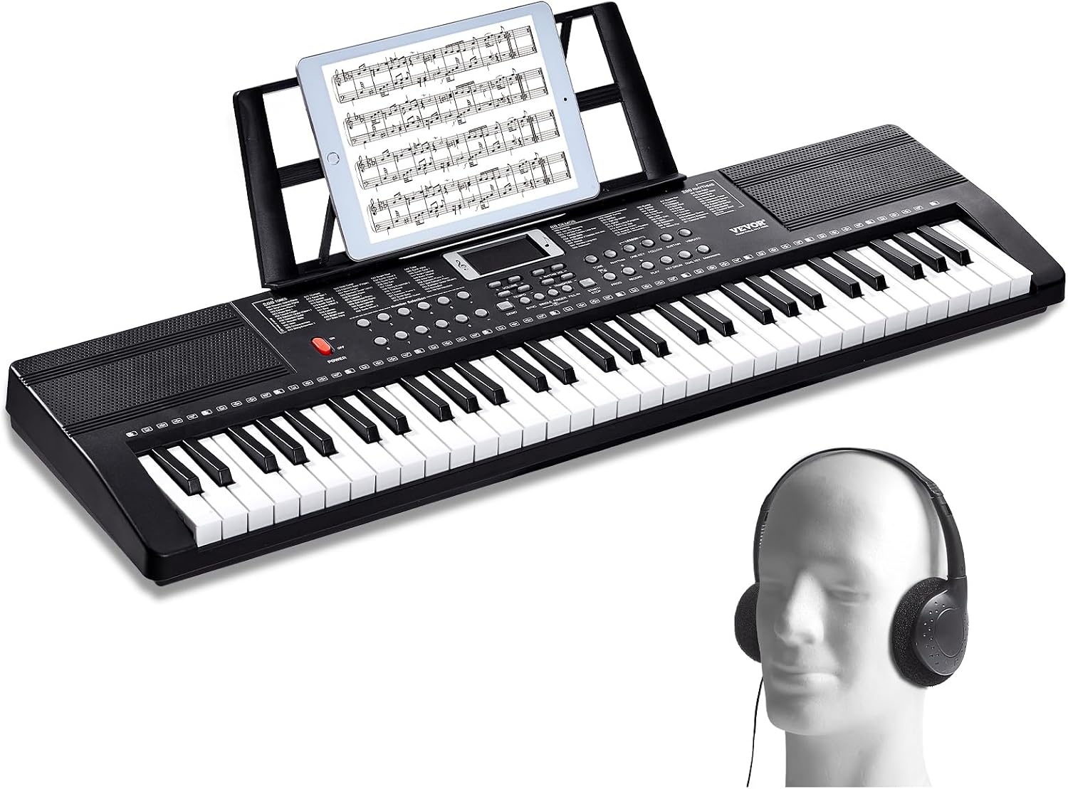 VEVOR 61 Key Digital Keyboard Piano, 200 Tones 200 Rhythms, Electric Portable Piano Keyboard Kit with 60 Demo Songs Built-In Dual Speakers Headphones, Piano Stickers for Beginners Learning
