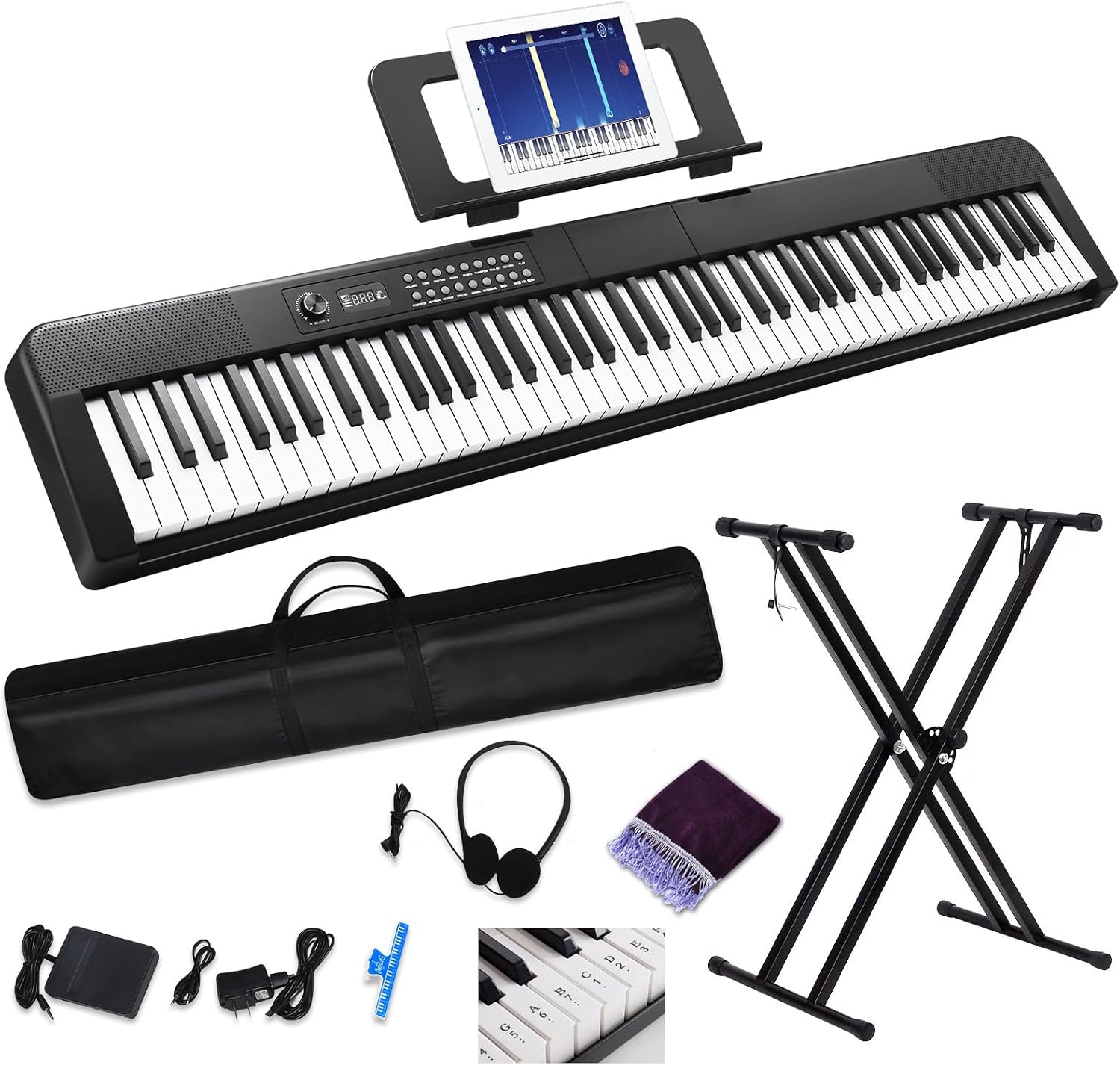 88 Key Piano Keyboard, Electric Digital Piano with Semi Weighted Keys, Keyboard Piano with Sustain Pedal, Power Adapter, Stand, Carrying Case, Headphones, USB-MIDI Compatibility, for Beginner Adults